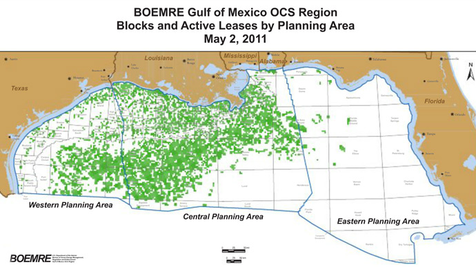 This map shows the Gulf of Mexio drilling territory. Rosneft aquired 17 blocs in the Western Gulf and 3 in the Central Gulf from Exxon