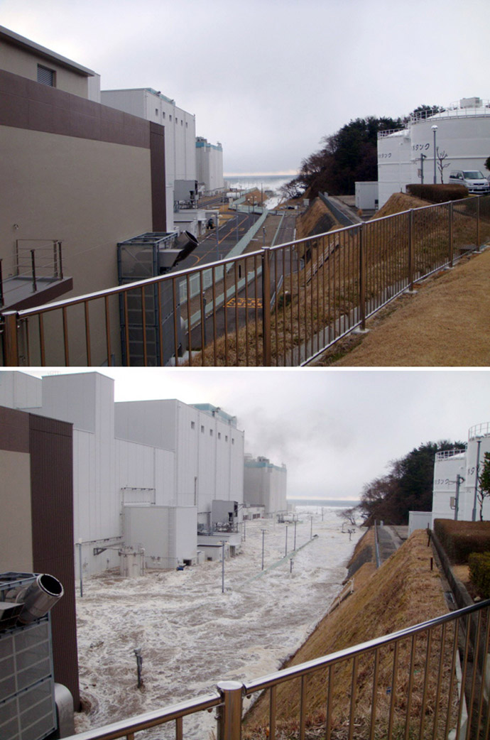 This combo of handout images taken by Tokyo Electric Power Co (TEPCO) on March 11, 2011 shows before (top) and during (bottom) the tsunami hit the first rector building of TEPCO's No.2 (Dai-Ni) Fukushima nuclear power plant in Okuma in Fukushima prefecture. (AFP Photo/TEPCO via JIJI Press)