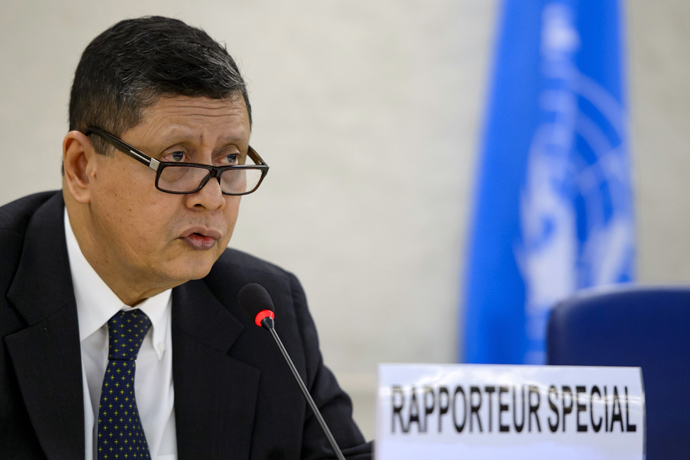 United Nations special rapporteur on North Korea, former Indonesian Foreign minister Marzuki Darusman delivers a speech before the Human Rights Council on March 11, 2013 at the United Nations Office in Geneva (AFP Photo/ Fabrice Coffrini)