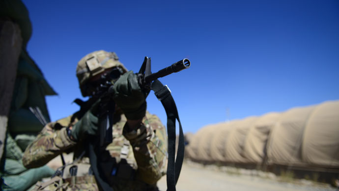 A soldier from 1st Squadron (Airborne), 91st U.S Cavalry Regiment, 173d Airborne Brigade Combat Team, operating under the NATO sponsored International Security Assistance Force (ISAF), takes part in a defence drill at Combat Outpost McClain in Muhammed Agha, Logar Province.(AFP Photo / Munir uz Zaman)