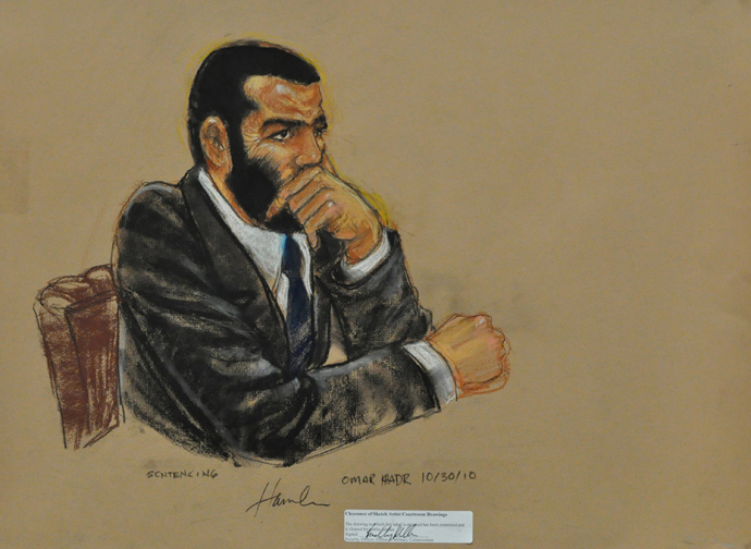 In this Pentagon-approved courtroom drawing, Toronto-born Omar Khadr, listens to closing arguments on October 30, 2010 at the US Guantanamo Naval Base in Guantanamo Bay, Cuba (AFP Photo / Janet Hamlin)