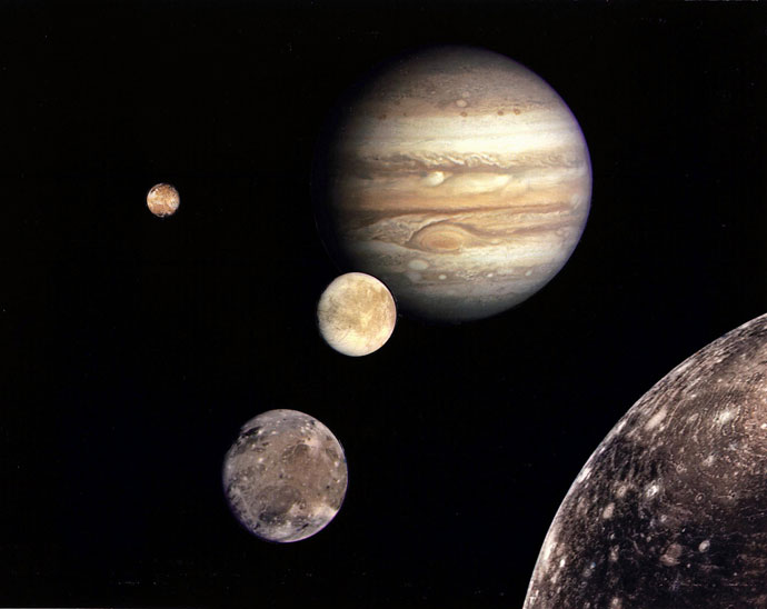 This NASA file image shows Jupiter (REAR) and its four planet-size moons, called the Galilean satellites, were photographed in early March 1979 by Voyager 1 and assembled into this collage.(AFP Photo / NASA) 