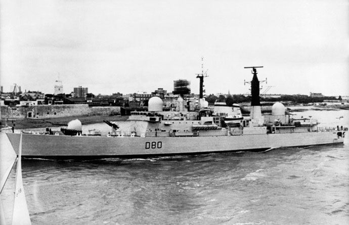 A 1980 file photo shows HMS Sheffield of the Royal Navy. The destroyer was hit and sunk by an Exocet missile fired from an Argentinian land-based Super Etendard fighter bomber 04 May 1982. (AFP Photo / Pool)
