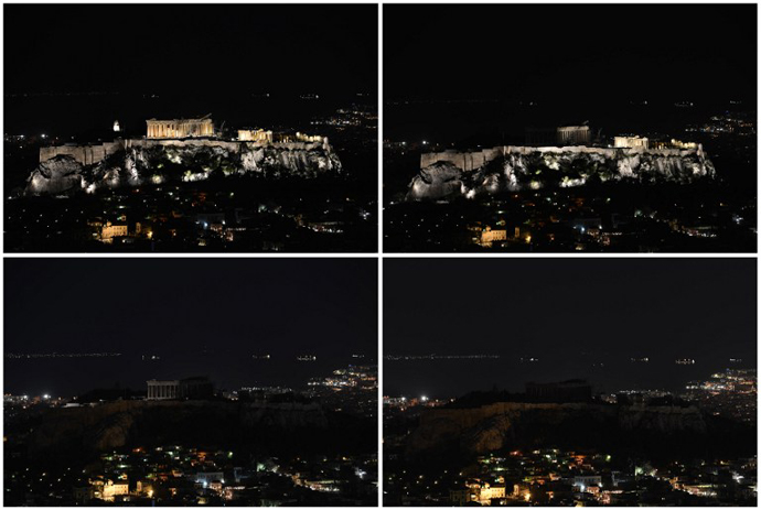 A combination picture shows (from top left to right) the ancient Temple of Parthenon atop the Acropolis hill before and during the Earth Hour in Athens on March 23, 2013. (AFP Photo / Aris Messinis)