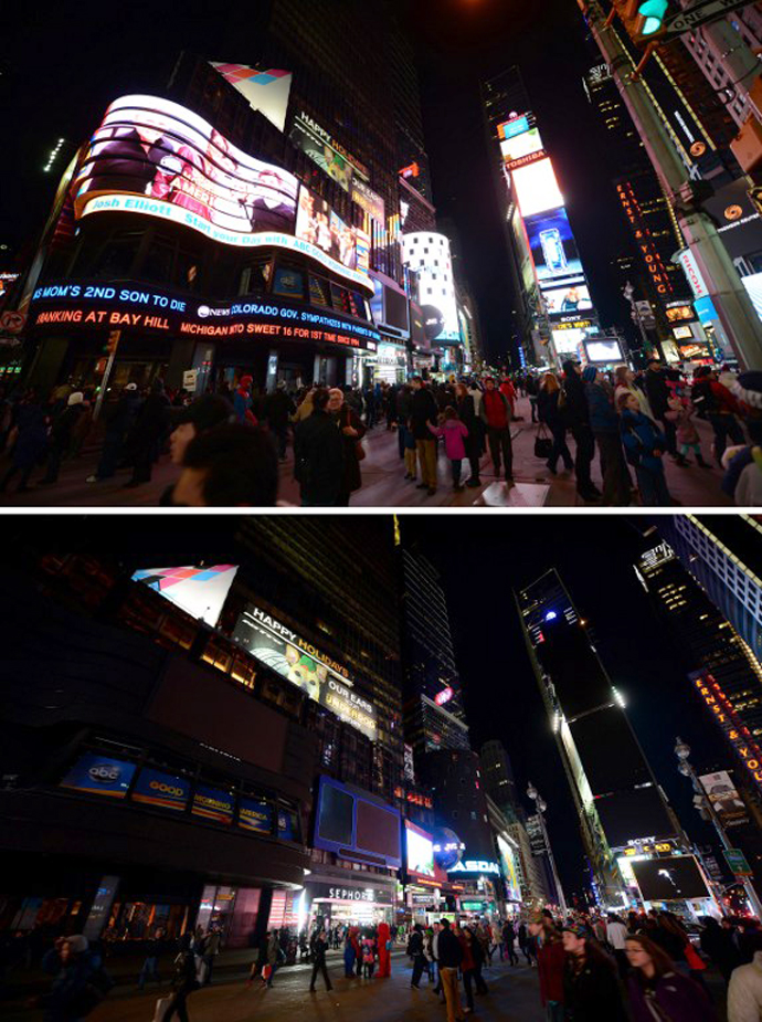 In this combo photo large electronic billboards stand dark (bottom) on Times Square as their lights were turned off to mark "Earth Hour" in New York, March 23, 2013. (AFP Photo / Emmanuel Dunand)