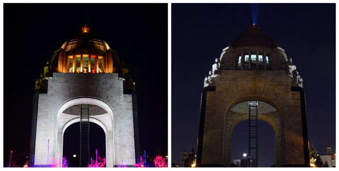 In this combo photo shows the Monumento a la Revolucion with color lights on (L) and lights were turned off to mark "Earth Hour" in Republica Square in Mexico City on March 23, 2013. (AFP Photo/Alfredo Estrella)