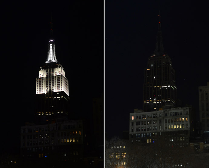 In this combo photo The Empire State Buidling stands dark (R) as its lights were turned off to mark "Earth Hour" in New York, March 23, 2013. (AFP Photo/Emmanuel Dunand)
