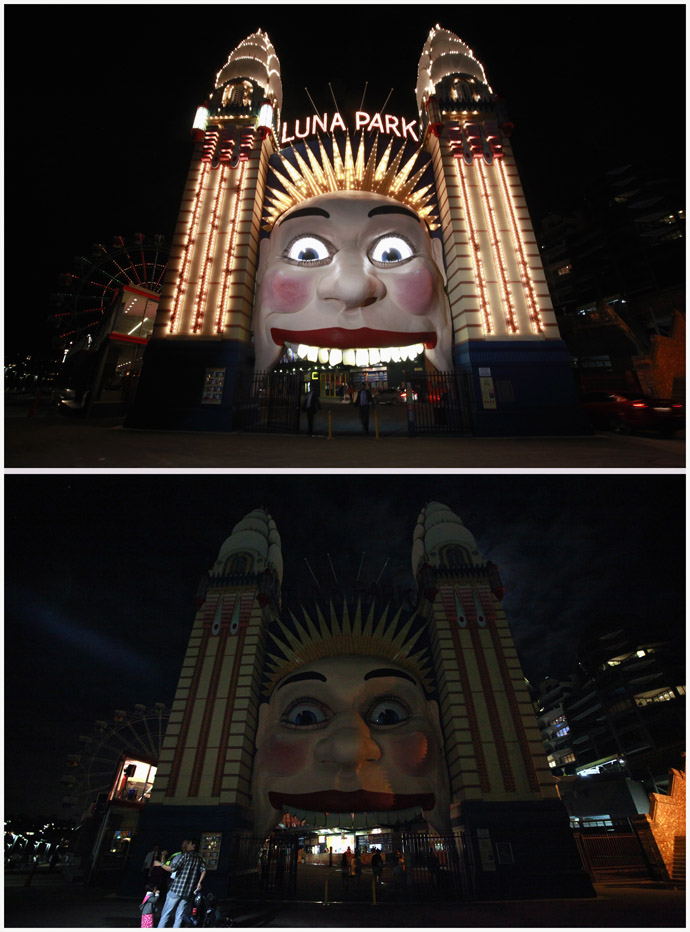 A combination picture shows the entrance to the Sydney amusement park "Luna Park" on March 21, 2013 (top) before Earth Hour, and during Earth Hour March 23, 2013. (Reuters/David Gray)