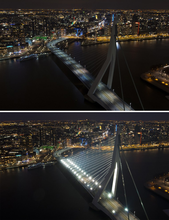 Combination photo shows the skyline of Rotterdam with the Erasmusbrug before and during the Earth Hour on March 23, 2013. (AFP Photo / Marcel Antonisse)