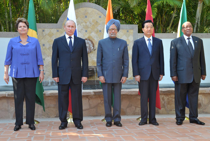 June 18, 2012. Delegation leaders from countries participating in the emerging economies association BRICS: Brazil's President Dilma Rusef, Russian President Vladimir Putin, Indian Prime Minister Manmohan Singh, Chinese President Hu Jintao and South African President Jacob Zuma (from left) at a photograph session during a meeting at the hotel "One and Only Palmilia" in Los Cabos, Mexico.(RIA Novosti / Aleksey Nikolskyi)