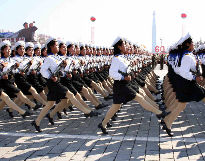 North Korean Navy female soldiers march at the Kim Il Sung square in Pyongyang for the military parade (AFP Photo/KCNA via Korean News Service)
