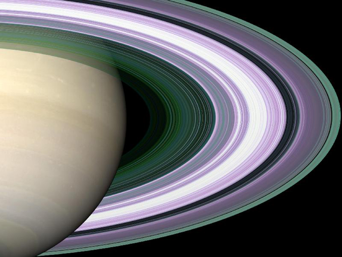 In this simulated image of Saturn's rings, color is used to present information about ring particle sizes in different regions based on the measured effects of three radio signals. (Image Credit: NASA/JPL)