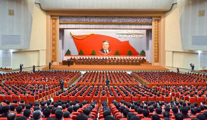 This picture taken by North Korea's official Korean Central News Agency on April 14, 2013 shows a national meeting to celebrate the 101st anniversary of late leader Kim Il-Sung's at the April 25 Culture Hall in Pyongyang. (AFP Photo / KCNA)