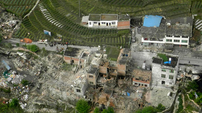 An aerial view shows houses damaged after a strong earthquake in Lushan county, Ya'an, Sichuan province, April 20, 2013.(Reuters / China Daily)