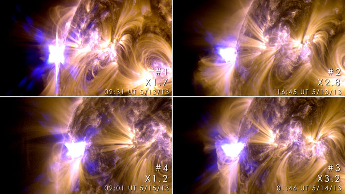 These images from NASAâs Solar Dynamics Observatory show four X-class flares emitted on May 12-14, 2013 â the first four X-class flares of 2013.Photo from nasa.gov