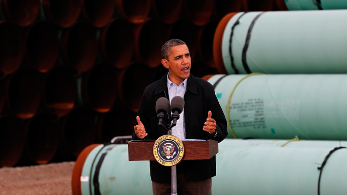 President Barack Obama speaks at the southern site of the Keystone XL pipeline on March 22, 2012 in Cushing, Oklahoma (AFP Photo / Tom Pennington)