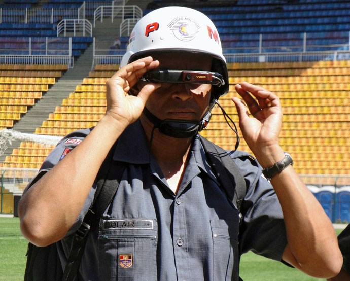 A Brazilian military police officer scans a stadium using facial recognition technology.(Sao Paulo Military Police)