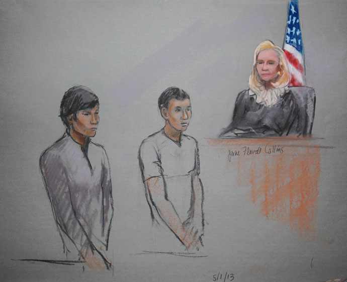 Defendants Dias Kadyrbayev (L) and Azamat Tazhayakov are pictured in a courtroom sketch, appearing in front of Federal Magistrate Marianne Bowler at the John Joseph Moakley United States Federal Courthouse in Boston, Massachusetts May 1, 2013.(Reuters / Jane Flavell Collins)