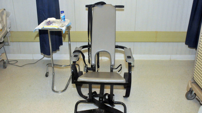Feeding chair and internal nourishment preparation inside the Joint Medical Group where the detainees receive medical care, Naval Station Guantanamo Bay, Cuba, April 10, 2013. (Image from publicintelligence.net / photo By Army Sgt. Brian Godette)