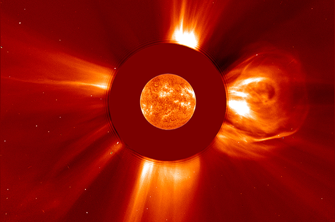 The largest solar flare ever recorded occurred on April 2, 2001, as observed by the Solar and Heliospheric Observatory, or SOHO, satellite. Image Credit: NASA