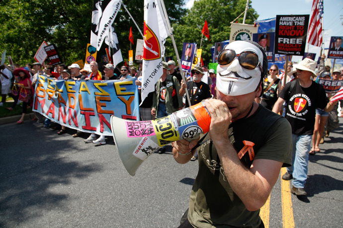 A protester leads chants as marchers call for the release of jailed U.S. Army Private Bradley Manning, a central figure in the Wikileaks case, outside the gates at Fort Meade, Maryland, June 1, 2013 (Reuters / Jonathan Ernst)