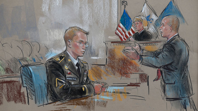 A courtroom sketch depicts Private First Class Bradley Manning, 25, (L) and his attorney David Coombs during the first day of Manning's trial at Fort Meade in Maryland, June 3, 2013.(Reuters / William Hennessy)