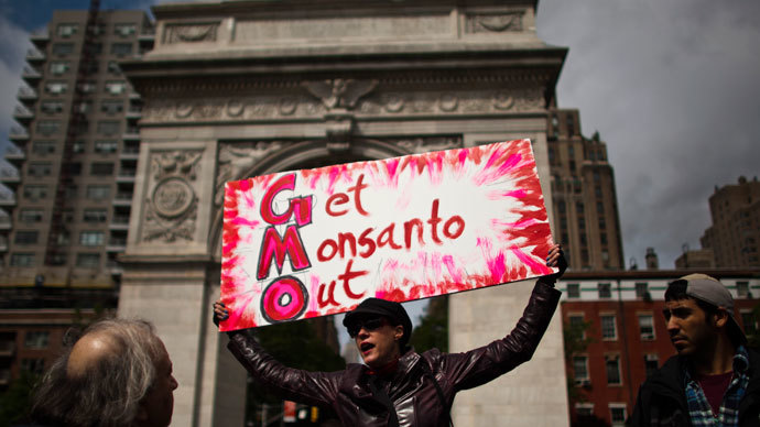 A woman holds up a poster during a protest against U.S.-based Monsanto Co. and genetically modified organisms (GMO), in New York May 25, 2013. (Reuters / Eduardo Munoz)