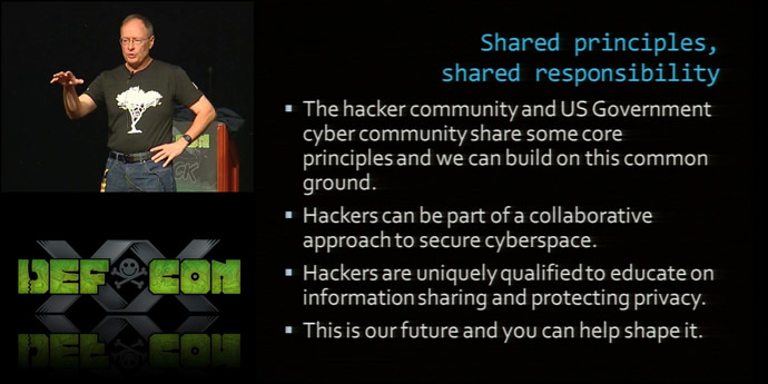 An image grab from a www.defcon.org video shows US National Security Agency Director Keith Alexander speaking and showing slides at Def Con 20, July 26-29, 2012.