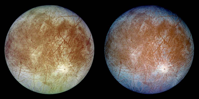 This image shows two views of the trailing hemisphere of Jupiter's ice-covered moon, Europa (Reuters / NASA)