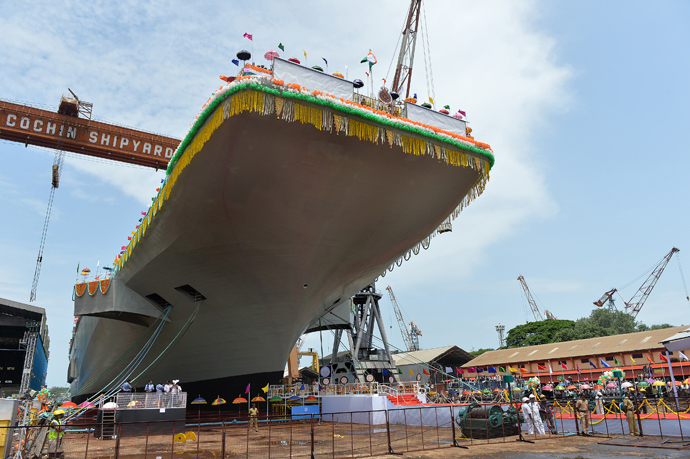 The indigenously-built aircraft carrier INS Vikrant at the Cochin Shipyard during the launch ceremony in Kochi on August 12, 2013 (AFP Photo / Manjunath Kiran)