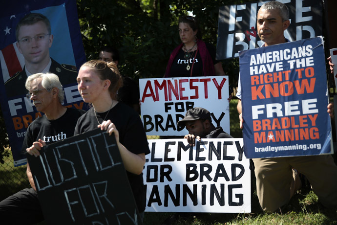 Supporters of U.S. Army Pfc. Bradley E. Manning hold signs to show support during a demonstration outside the main gate of Ft. Meade July 30, 2013 in Maryland. (Alex Wong/Getty Images/AFP)