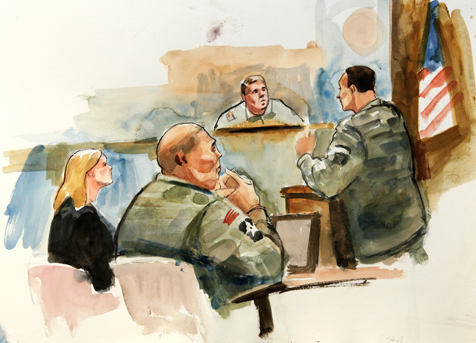 This courtroom artist's sketch shows Staff Sgt. Robert Bales (2nd L), his civilian defense attorney Emma Scanlan (L) and presiding investigation officer Col. Lee Demecky (C) listening to prosecuting military attorney Maj. Rob Stelle (R) give his closing argument during the final day of the Article-32 proceedings for Staff Sgt. Robert Bales at Joint Base Lewis-McChord November 13, 2012 (Reuters / Lois Silver)