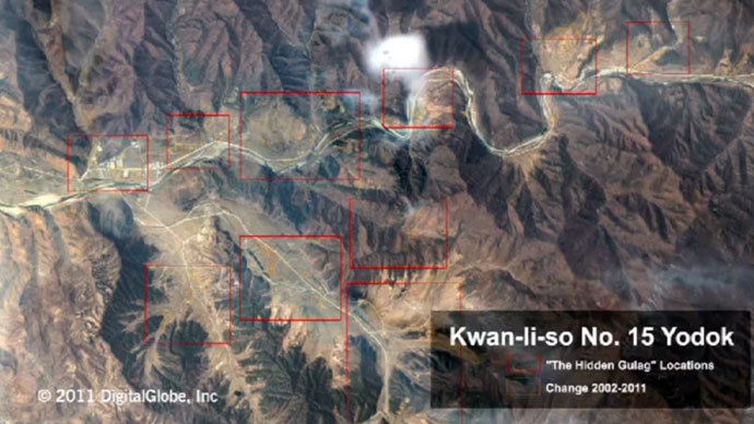 A screenshot from a video by Amnesty International shows a satellite image of what the group says is the area covered by Yodok political prison camp No. 15.