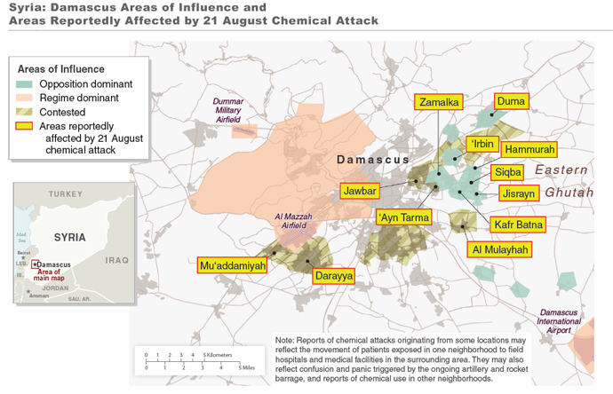 The White House also released a map of Ghouta, displaying the areas affected by the Aug. 21 chemical weapons attack