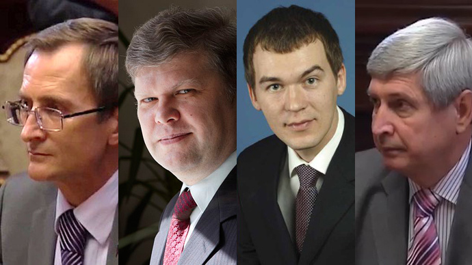 (L-R) Just Russiaâs Nikolay Levichev, Yabloko party chairman Sergey Mitrokhin, Liberal-Democrat Mikhail Degtyarev and Communist Ivan Melnikov