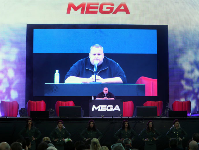 Megaupload founder Kim Dotcom speaks during the launch of his new website at a press conference at his mansion in Auckland on January 20, 2013.(AFP Photo / Michael Bradley)