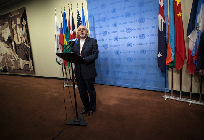 Iran's Foreign Minister Mohammad Javad Zarif speaks to the media after a meeting of the foreign ministers representing the permanent five member countries of the United Nations Security Council, including Germany, at the U.N. Headquarters in New York September 26, 2013 (Reuters / Eric Thayer)
