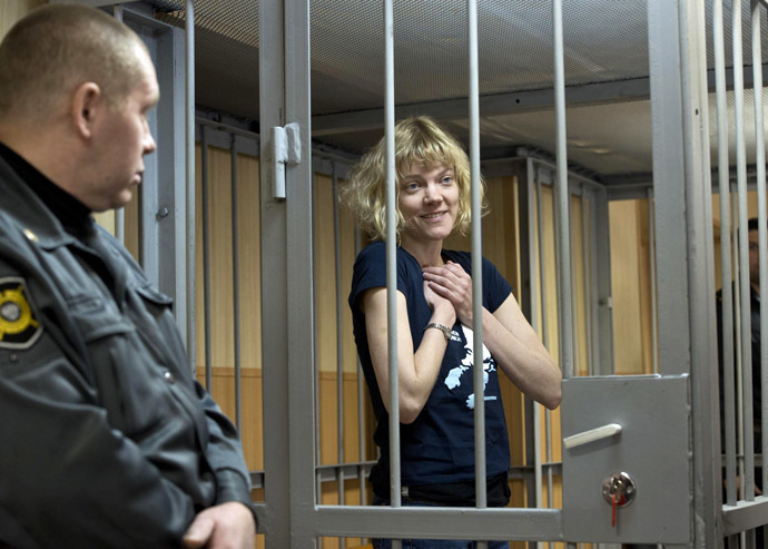 This handout picture released on September 29, 2013 by Greenpeace International shows Greenpeace activist Sini Saarela from Finland at the Leninsky district Court of Murmansk. (AFP Photo/Dmitri Sharomov)