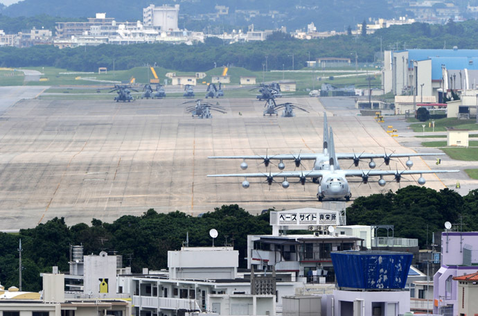 A file picture taken on April 24, 2010 shows planes and helicopters stationed at the US Marine Corps Air Station Futenma base in Ginowan, Okinawa prefecture. (AFP Photo)