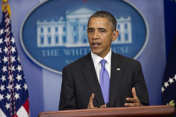 US President Barack Obama speaks about the government shutdown and debt ceiling standoff in the Brady Press Briefing Room of the White House in Washington, DC, October 16, 2013 (AFP Photo / Saul Loeb)