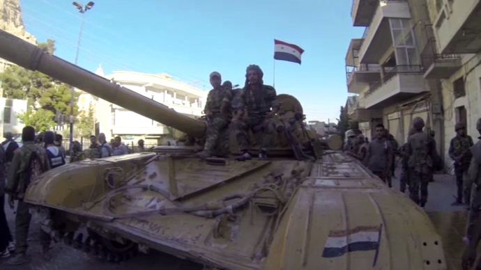 Syrian governmentâs tanks on the streets of the mostly-Christian settlement of Maaloula. (Still from RT video)