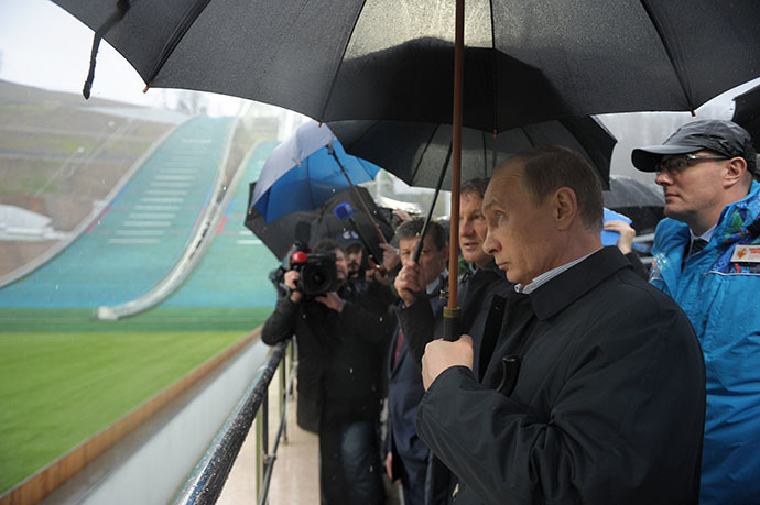 President Vladimir Putin, front, inspects the RusSki Gorki Jumping Center in Sochi on November 27, 2013. (RIA Novosti / Aleksey Nikolskyi)