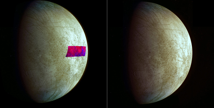 This image, using data from NASAâs Galileo mission, shows the first detection of clay-like minerals on the surface of Jupiterâs moon Europa. The clay-like minerals appear in blue in the false-color patch of data from Galileoâs Near-Infrared Mapping Spectrometer (Image by NASA/JPL-Caltech/SETI)
