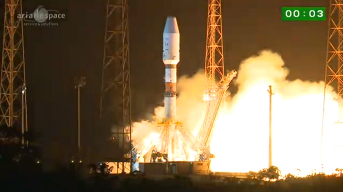 Soyuz-Fregat rocket lifts off from Kourou in French Guiana (Video still)