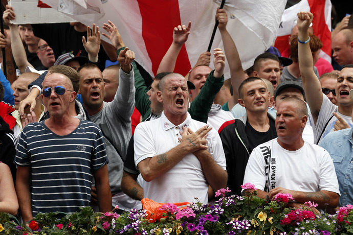 Supporters of the right-wing and anti-Islamist English Defence League (EDL) protest in Birmingham July 20, 2013. (Reuters/Stefan Wermuth)