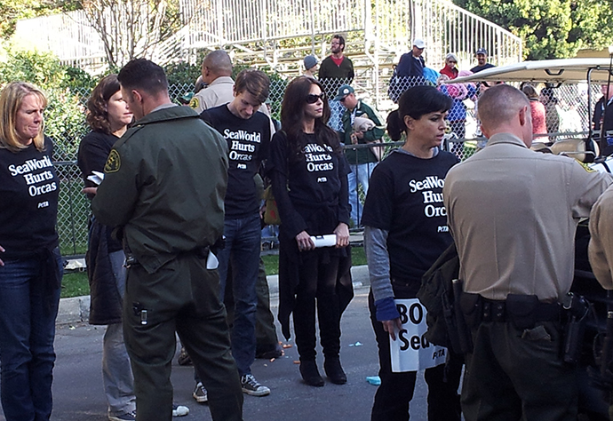 Protesters, including PETA Executive Vice President Tracy Reiman and Senior Vice President Lisa Lange, are arrested while demonstrating against SeaWorld at the Rose Parade. (Image from peta.org) 