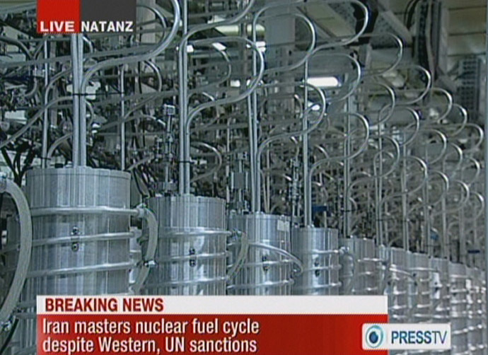 An image grab taken from a broadcast on February 15, 2012 on the state-run Press TV shows centrifuges at Iran's Nantanz nuclear site. Iran has said that is has actived a new generation of centrifuges at Natanz and they are three times more productive. (AFP/PRESS TV)