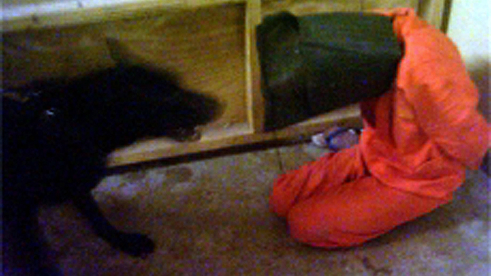 This handout photo from SBS TV received 15 February 2006 allegedly shows a hooded and bound prisoner being attacked by a dog in Iraq's notorious Abu Ghraib jail supposedly during interrogation by US soldiers in Baghdad in 2004. (AFP Photo)
