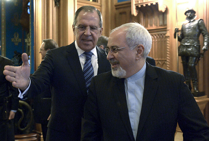 Russian Foreign Minister Sergey Lavrov, left, and Iranian Foreign Minister Mohammad Javad Zarif meeting at the Russian Foreign Ministry Reception House in Moscow on January 16, 2013. (RIA Novosti / Eduard Pesov)