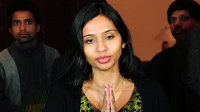 Indian diplomat Devyani Khobragade gives the "namaste" gesture of greeting upon her arrival at Maharashtra Sadan state guesthouse in New Delhi January 10, 2014. (Reuters / Stringer)